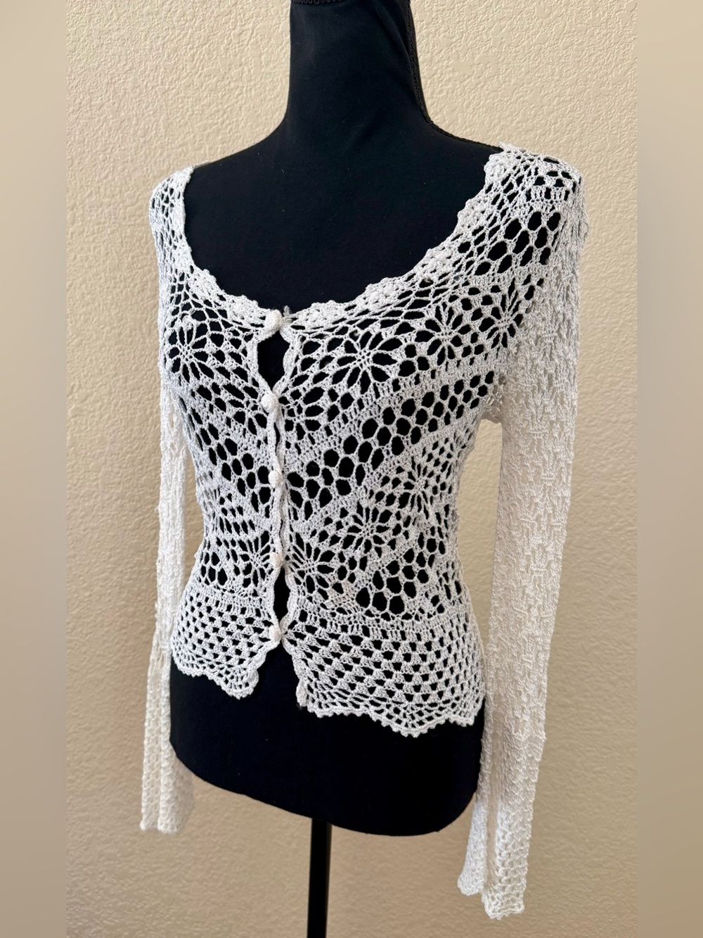 Vintage 90s Y2K Bette + Paige Open Knit Crochet Silk Cardigan White S Whimsigoth